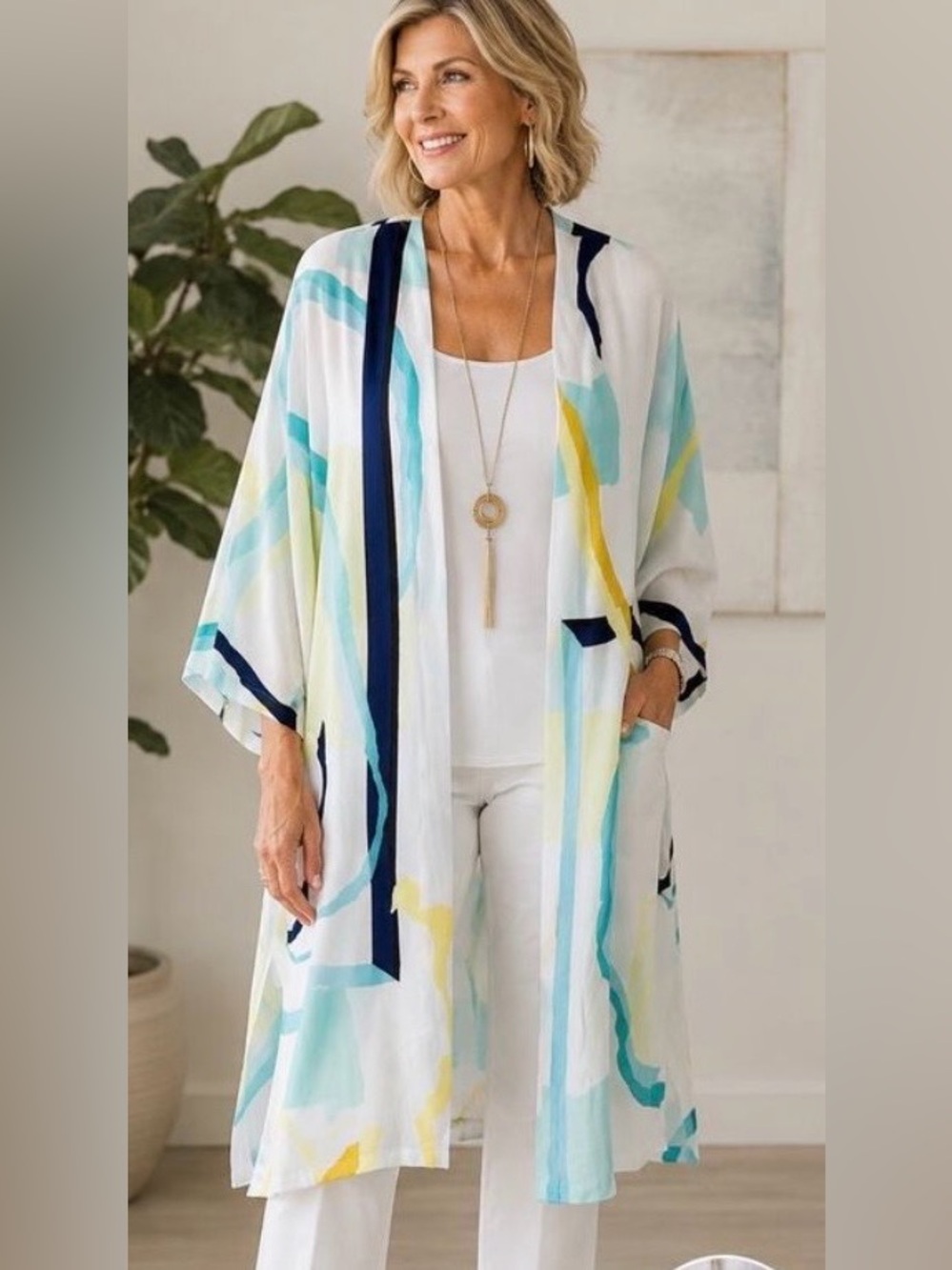 Chicos NWOT Lightweight Abstract Kimono Duster Cardigan Blue Yellow Mint L/Xl
